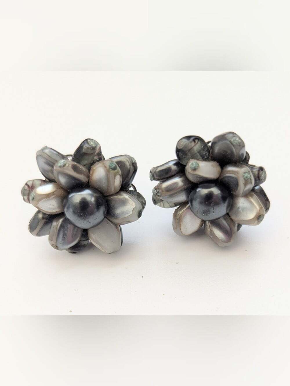 Vintage Faux-Pearl Cluster Flower Clip-On Earrings